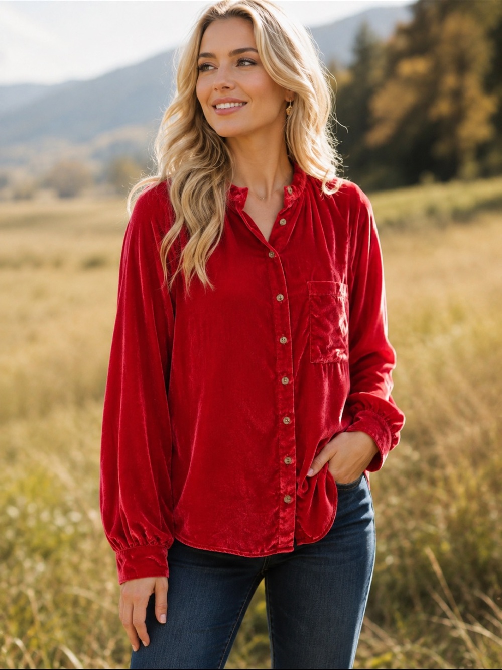 Pilcro Red Velvet Button Front Top